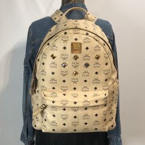 Unisex Authentic Large MCM Visetos Beige Leather Backpack